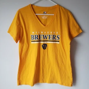 Milwaukee Brewers V-Neck T-Shirt Tee Womens Large Yellow MLB Merch NWT - Picture 1 of 10