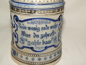 Bierkrug Zinndeckel Westerwald um 1900 Sinnspruch 1/2 L + Gravur im Deckel - Picture 1 of 8