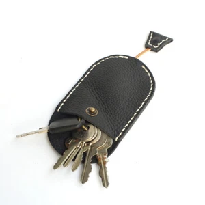 Handmade Leather Drawstring Key Pocket with Snap Button,Key Case Black - Picture 1 of 10