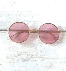Women’s Pink Tinted Retro Round Gold Frame Sunglasses Brandy Melville Glasses - Picture 1 of 3