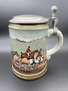 Marzi and Remy German Signed Beer Stein Hound Horses Hunting Scene Pewter Lid - Bild 1 von 9