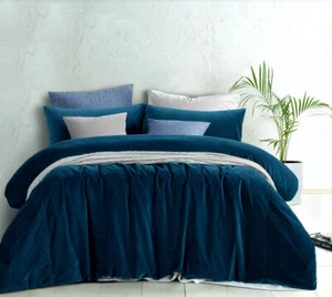 Riverland Blue Vintage Queen King Super Cotton Velvet Quilt Doona Cover Set - Picture 1 of 3