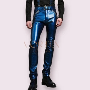 Pantalón de cuero azul para hombre con cinco bolsillos Pantalón de mezclilla Pantalón de cuero genuino de piel de cordero - Imagen 1 de 3
