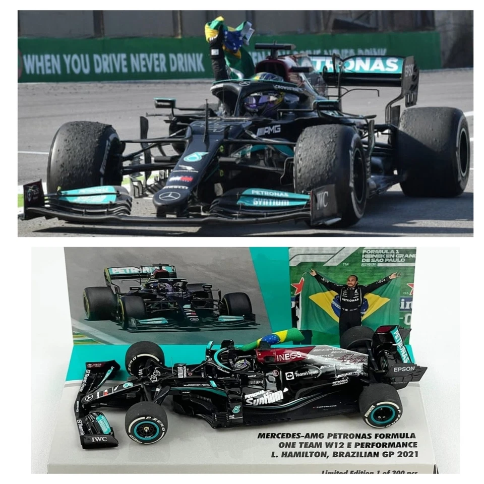 Mercedes F1 W12 #44 Lewis Hamilton Brazil 2021 Winner with Flag 1:43 MINICHAMPS - Bild 1 von 1