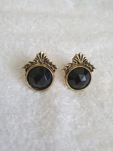 Dauplaise Vintage Faceted Faux Black Onyx Ornate Clip-On Gold Tone Earrings - Picture 1 of 10