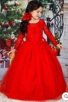 Maxi Vestido de Navidad de Encaje Rojo Mia Belle Couture para Niña Talla 10/12 Foto 1 de 4