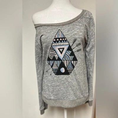 Volcom Heather Gray Off The Shoulder Sweater with Geometric Design Surfer Style - Image 1 of 4