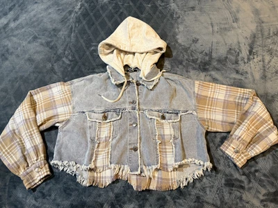 Women's MISS ME Destructed Cropped Plaid Flannel Denim Jacket Size M - Image 1 of 4