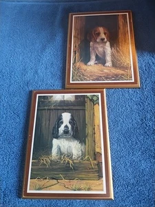 2 Vintage Small Wooden Plaque Cocker Spaniel Beagle Pups 6.5"X 8.5" Picture - Picture 1 of 7