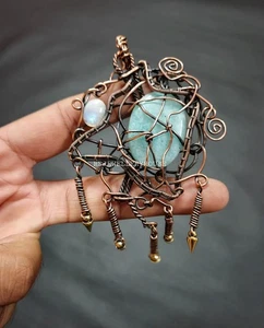 Amazonit Anhänger und Regenbogen Mondstein Anhänger Kupferdraht gewickelt Schmuck - Bild 1 von 6