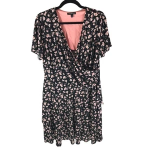 Lane Bryant Dress Faux Wrap Surplice Neckline Floral Black Pink 14/16 - Picture 1 of 4