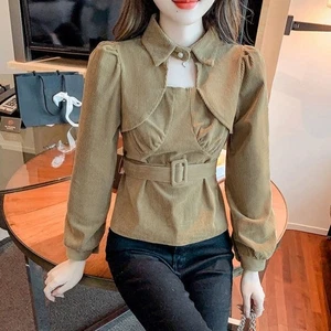 Camicia donna velluto a coste blusa buco della serratura pullover corto manica a sbuffo top - Foto 1 di 10