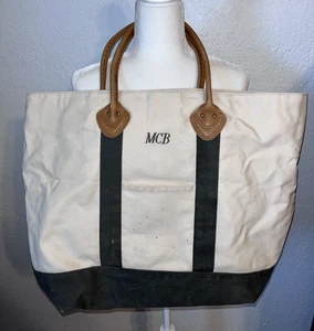 Vintage L.L. Bean Boat Tote Bag Leather Handles Rare Olive Tan Plaid Lined Large - Picture 1 of 11