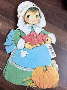 Vintage Thanksgiving Mädchen Pilger gestanzt mit Kürbis & Äpfeln Neu mit Etikett New Old Stock - Bild 1 von 2