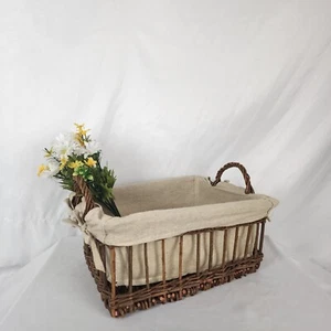 Vintage Boho Lined Bread Picnic Woven Wicker Twig Basket Handles Cottagecore - Picture 1 of 11