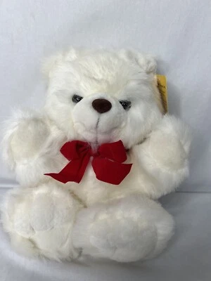 复古动物冒险白色模糊泰迪熊毛绒填充红色蝴蝶结 11 英寸标签 — 第 1/4 张图片
