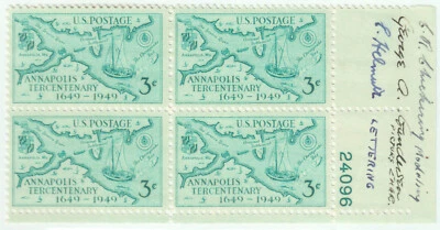 US Stamps Scott #984 Annapolis, MD Plate Block with 3 Signatures LH - Image 1 of 2