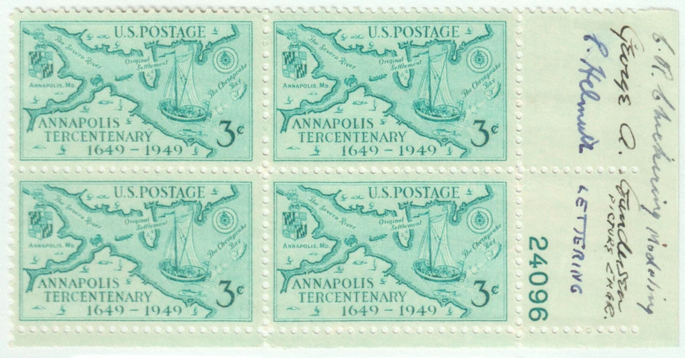US Stamps Scott #984 Annapolis, MD Plate Block with 3 Signatures LH - Image 1 of 2