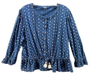 Blusa con botones a lunares azul XL Lucky Brand para mujer con borlas y volantes - Imagen 1 de 9