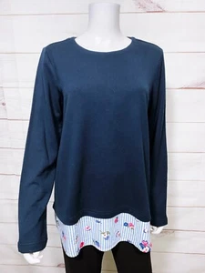 J Jill Womens Sweatshirt Size M Blue Round Neck w/Floral Striped Hem Pullover - Picture 1 of 8