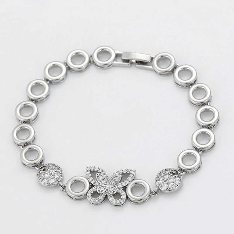 Pulsera de plata de ley 925 para mujer con cadena de mariposa de circonitas de 7" D398 Foto 1 de 4