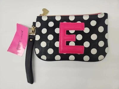 BETSEY JOHNSON Blanco y Negro Lunares "E" Bownanza Billetera Muñequera 9" x 6" Foto 1 de 4