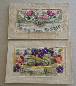 2 EMBROIDERED SILK CARDS TO MOTHER AND SISTER 1917 FRANCE FROM ERN #23 - Picture 1 of 4