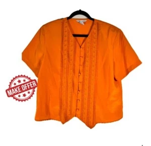 Vintage 70s Short Sleeve Orange Button-Up Blouse Embroidered Boho Chic | L / 16 - Picture 1 of 5