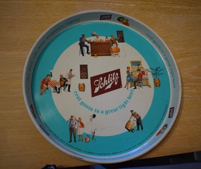ВИНТАЖНЫЙ МЕТАЛЛИЧЕСКИЙ СЕРВИРОВОЧНЫЙ ПОДНОС ДЛЯ ПИВА 1962 SCHLITZ BREWING COMPANY REAL GUSTO 13"" - Изображение 1 из 3