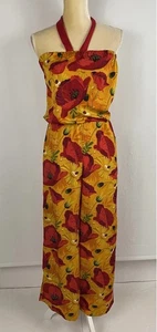 Hippie Chic Handmade Big Red Poppies Cottage Core Jumpsuit Romper Pockets Sz M ? - Picture 1 of 6