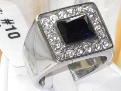 Mens sapphire ring blue signet emerald cut silver stainless steel bezel cz 051 - Image 1 of 4