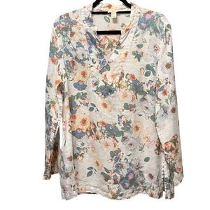 Blusa manga larga St. Tropez West talla L100% lino floral cuello en V dobladillo dividido - Imagen 1 de 10