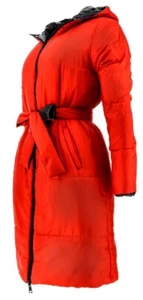 🧥1X Giuliana RED/BLACK Reversible Metallic Puffer LONG COAT🌈SALE🌈 - Picture 1 of 12