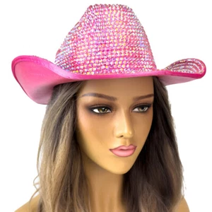 Pink Rhinestone Cowboy Hat Cowgirl Costume Concert Bling Bling Hat Rave Festival - Picture 1 of 4