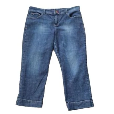 Jeans cropped TOMMY Hilfiger perna larga 25" costura interna botão e fecho de zíper tamanho 14 - Imagem 1 de 4
