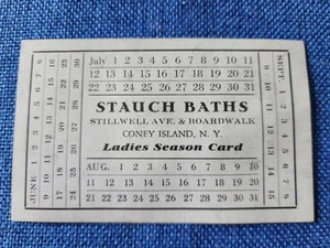 STAUCH BATHS Ladies SEASON CARD, CONEY ISLAND, NEW YORK Punch Card Ticket Gray - Picture 1 of 3