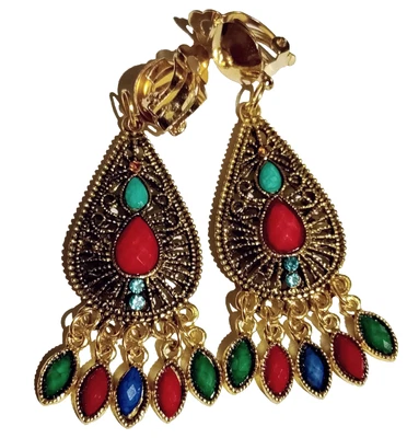 Altgoldf Ohrclips Clips Ohrringe türkisf Strass bunte Tropfen 7,5cm lang 1 Paar - Bild 1 von 4