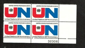 1970 U.S. COMMEM  6c UNITED NATIONS 25yrs  Plt#Blk of 4 Sc#1419  M/NH/OG GEM - Picture 1 of 1