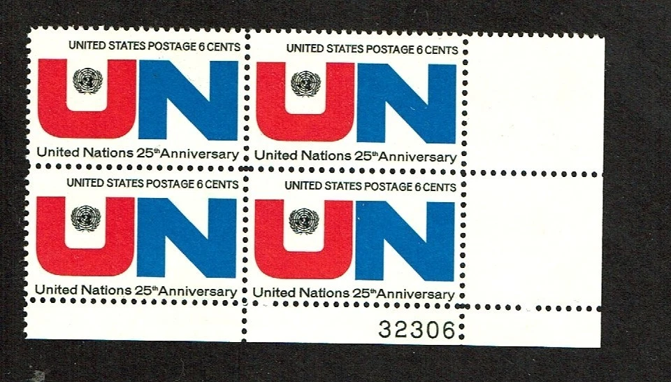 1970 U.S. COMMEM  6c UNITED NATIONS 25yrs  Plt#Blk of 4 Sc#1419  M/NH/OG GEM - Image 1 of 1
