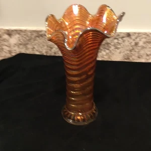 Kaiserliche antike geschwungene Wellen irisierende Ringelblume Karneval Kunst Glas Vase 8 Inc - Bild 1 von 10