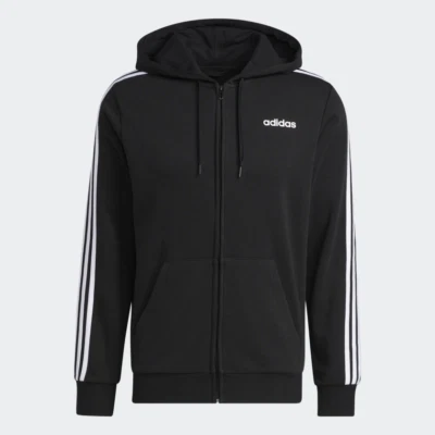 adidas Essentials Fleece 3-Stripes Black Hoodie Fleece White Crew Neck DQ3101 - Image 1 of 4