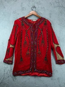Vintage 80er Malik ESSENCE 100% Seide Perlen Jacke lang rot Pailletten Quasten groß - Bild 1 von 8