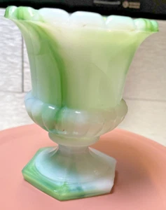 Akro Agate Green Slag Glass Urn Shaped Toothpick Holder /Milk Glass - Picture 1 of 7