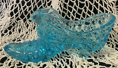 Vintage Fenton Aqua Blue Opalescent Glass Hobnail Slipper Kitten Cat Shoe • 18.40£