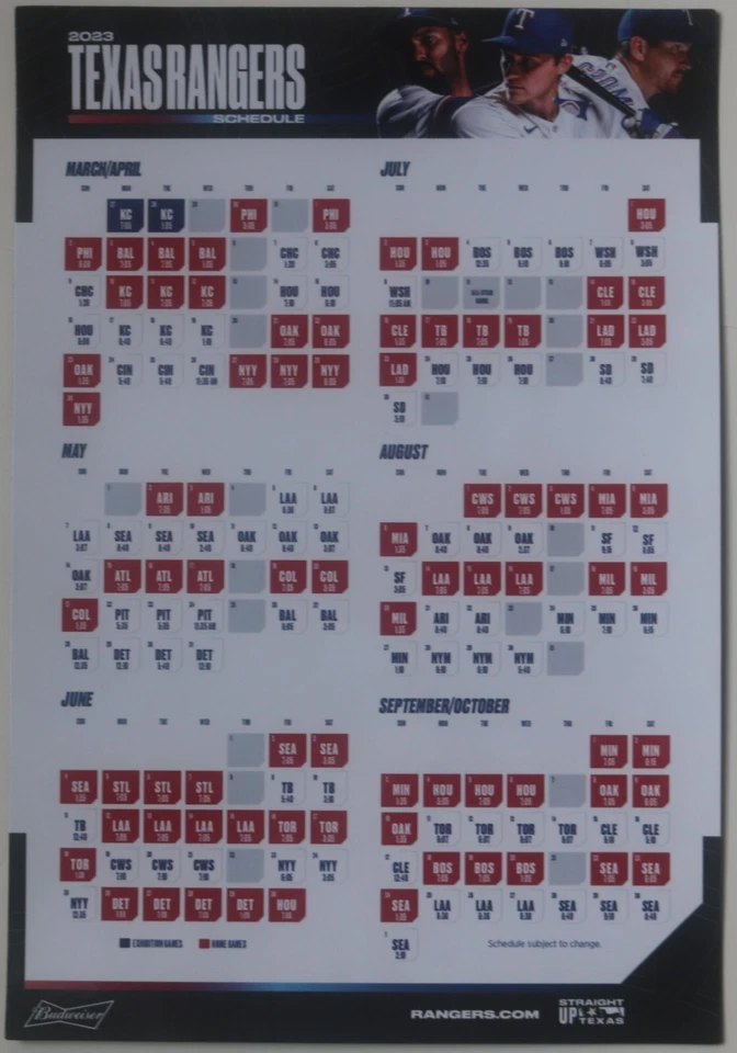 2023 WORLD CHAMPION TEXAS RANGERS MAGNETIC SCHEDULE SGA– NEW - Image 1 of 1