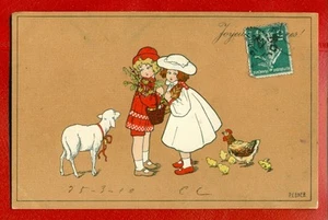 OSTERNKINDER HUHN UND LÄMMER VON PAULI EBNER # 511 ALTE POSTKARTE 3329 - Bild 1 von 2