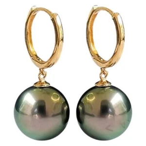 Pair 10-11mm Natural South Sea Genuine Green Round Pearl Dangle Earring - Picture 1 of 1