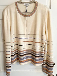 St. John Sport Wool Blend Zip Up Cardigan Women's Large Cream Blue Rust Stripes - Picture 1 of 6