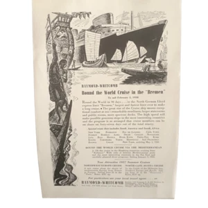 Anuncio de anuncio de crucero mundial Raymond-Whitcomb Bremen 1937 vintage - Imagen 1 de 4