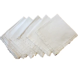 5 White Linen Dinner Napkins Lace Trim Vintage 15 Inch Sq Thanksgiving Lacy - Picture 1 of 4